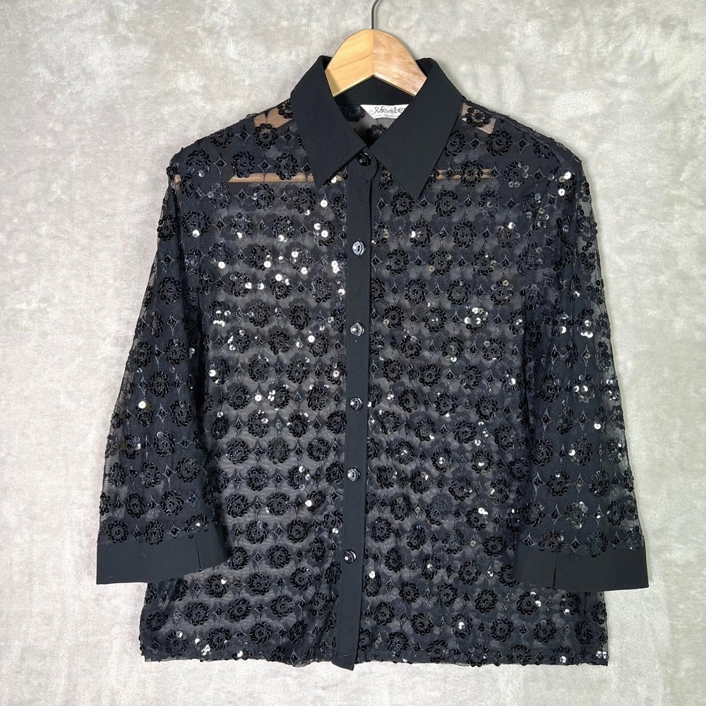Vintage Black Sequin Mesh Button Up L Blouse‎ Sheer Floral Whimsigoth Glamour